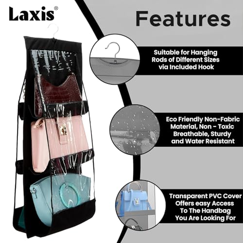 Image of LAXIS 3 Pockets Handbag Organizer for Closet, Purse Organizer Hanging Closet, Bag Organizer Purse Organizer, Handbag Organizer for Wardrobe, Hanging Bag Storage Organizer Holder (Black)