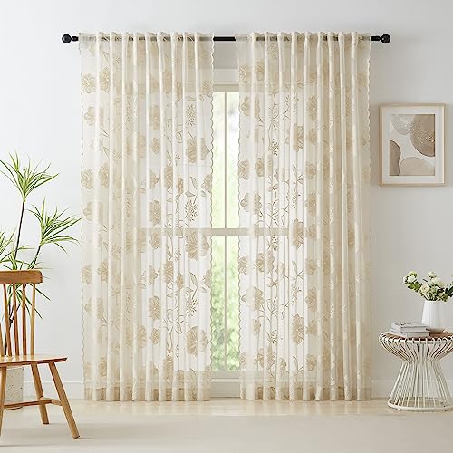 Semi-Sheer Beige Lace Curtains for Bedroom 90 inch Long Country Chic Rose Floral Embroidered Sheer Curtain Panels for Living-Room Leaf Window Drapes with Scalloped Edge 52"w 1 Pair Pencil Pleat - Image 2