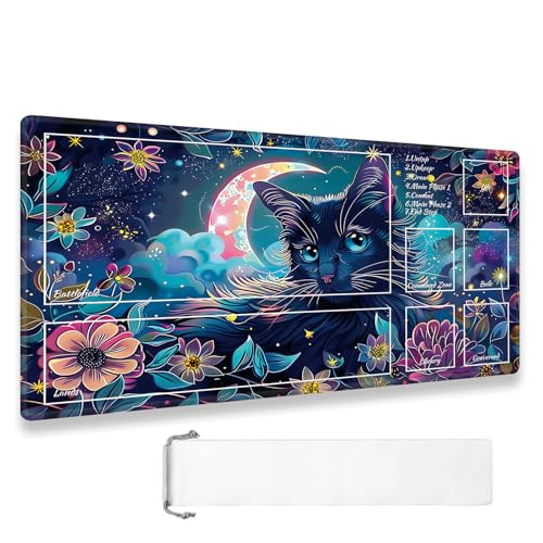 MTG Playmat TCG Ultrapro Playmats with Magic Zones, 24x14 inch Trading Card Game and Anime Enthusiasts, Non-Slip Protects Cards Larger Gaming Area, Multipurpose Artistic Mat(Galaxy Black Cat)