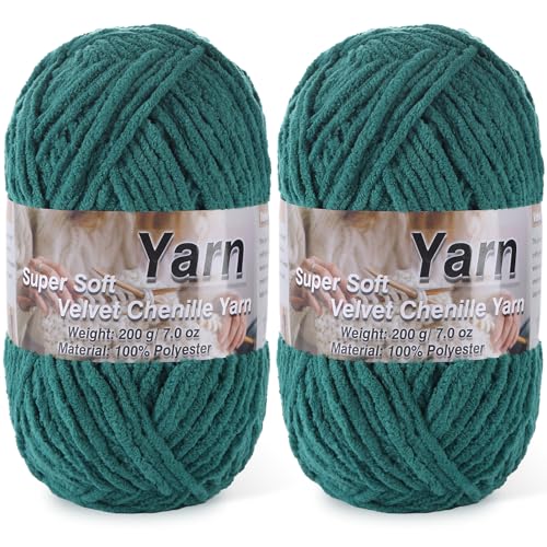 Image of 2 * 200g /7oz Chunky Chenille Yarn for Baby Blanket Yarn for Crocheting - Super Soft Chenille Plush Yarn - Bulk Thick Yarns Used for Making Scarves, Blankets, DIY Craft (Dark Green)
