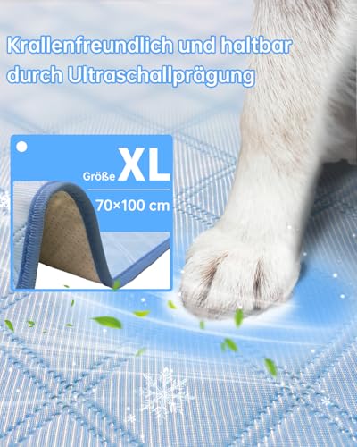 TorDerL Kühlmatte Hund XL 100×70cm Waschbar Eissilk Hundekühlmatte für Hunde & Katzen selbstkühlend rutschfest wasserdicht für Käfig Bett Nest Auto Sommer (Blau)