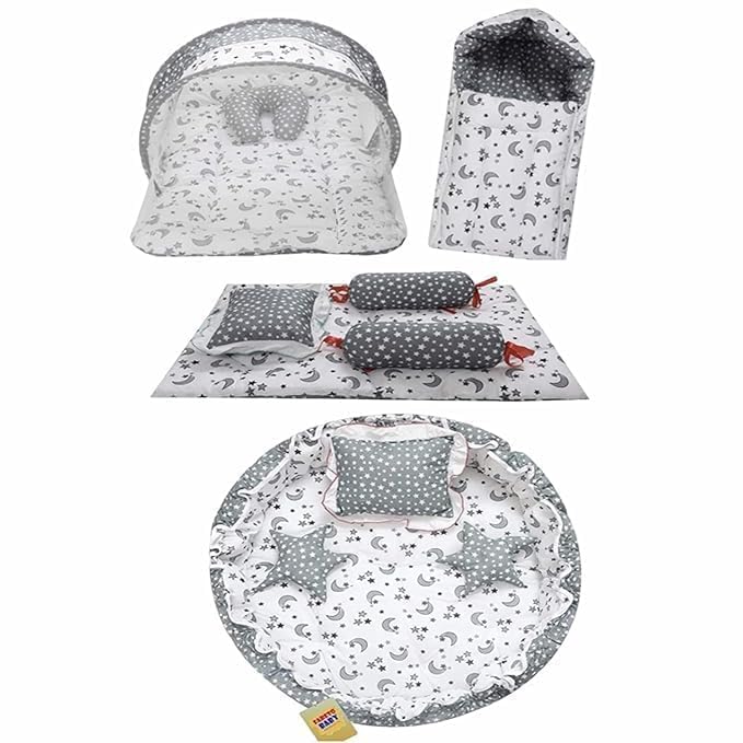 Infantbond Cotton Designer Mattress With Net | Baby Sleeping Bag | 4 Pcs Bedding | 1 Nest(0-6 Months) (Moon Grey), Modern