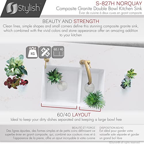 Image of Stylish 27.25 x 18.75 Inch Drop In or Undermount Kitchen Sink Double Bowl Workstation 9.5 Inches Deep Granite Composite Kitchen Sinks with Regular Strainers White, S-827H