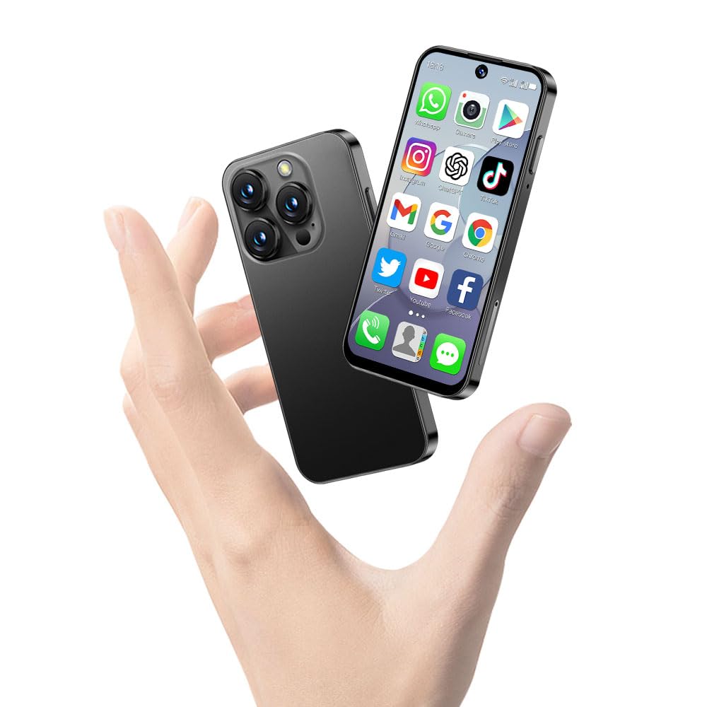 Mini Phone - World's Smallest 3.88' HD Touch Screen, Full Screen Mini Smartphone, Unlocked Android Portable Pocket Mobile Phone for Kids, Dual SIM Face ID App Download 2GB+16GB (Black)