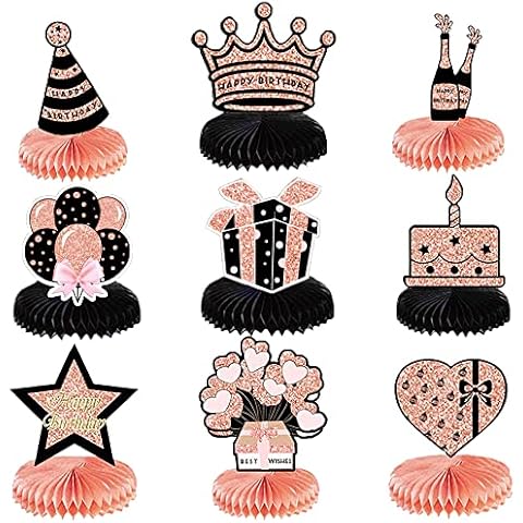 Maigendoo 9pcs Birthday Table Sign Decor Rose Gold Birthday Decorations Happy Birthday Table Party Supplies for Women Girls Table Honeycomb Centerpiece Sweet Birthday Theme Table Topper Sign Decor Cover