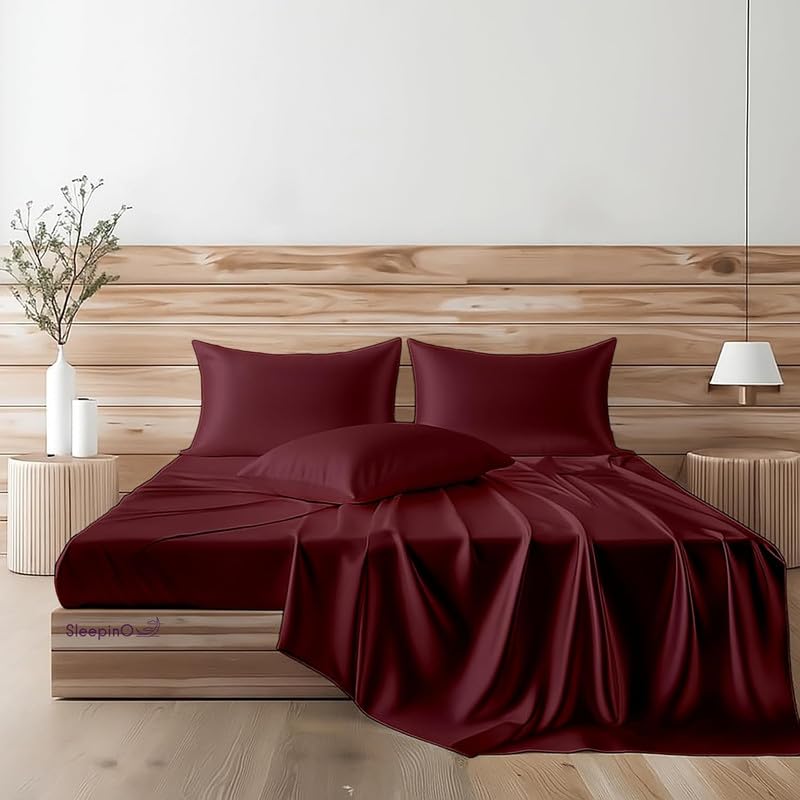 Image of Premium Satin Double Bed (90x100 Inchs) with 2 Pillow Cover Bedsheet Ultra Soft & Silky Smooth, Breathable Cooling Fabric, Luxury Glossy Finish|Royal Wine