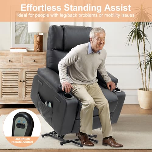 Image of Power Lift Recliner Sofa Chair, Electric Stand Assit for Elderly People, Leather Reclining Chair with Cup Holders, Massage & Heat Functions, Living Room or Bedroom Furniture for Resting, Black