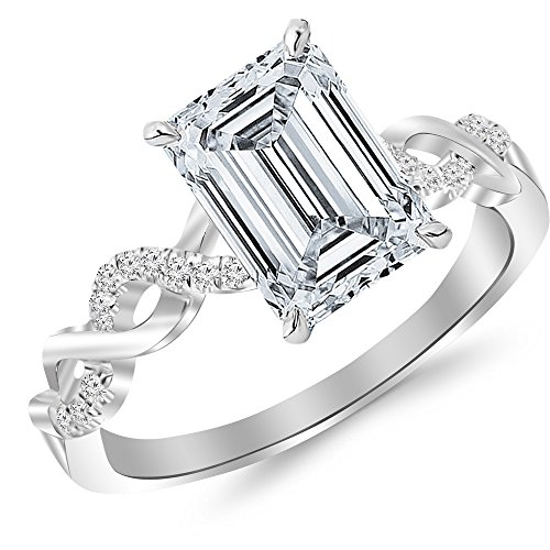 14K White Gold 1 to 5 Carat LAB GROWN DIAMOND Twisting Infinity Gold and Diamond Split Shank Pave Set Emerald Cut Diamond Engagement Ring (E-F Color VS1-VS2 Clarity)