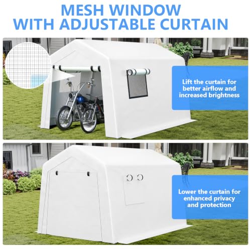 Image of Jocoevol 8x10 FT Enclosed Carport with Roll-up Windows, Removable Sidewalls & Doors and Wind Ropes for Bike Motorcycle, White