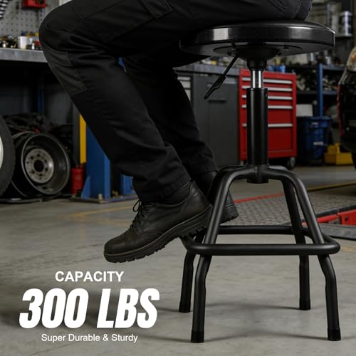 Image of Big RED Pneumatic Shop Stool, Adjustable Height Garage Bar Stool, 300-Pound Capacity Heavy Duty Steel Frame, Perfect for Home, Bar, Garage and Shop, Black