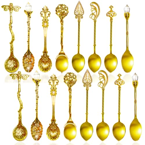 XingyLi 16 Stück Vintage geschnitzte Kaffeelöffel, Retro Kristall Zinklegierung Teelöffel Dessertlöffel, Dekorativer königlicher Rührlöffel...
