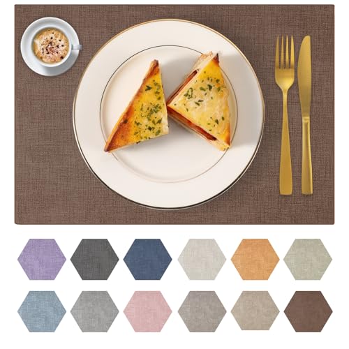 ANEWAY Faux Leather Placemats Set of 8 Washable PU Table mats for Kitchen Table - Heat Resistant, Waterproof, Easy Clean, Anti Slip 11.8" x 17" (Dark Brown-8 Pack)