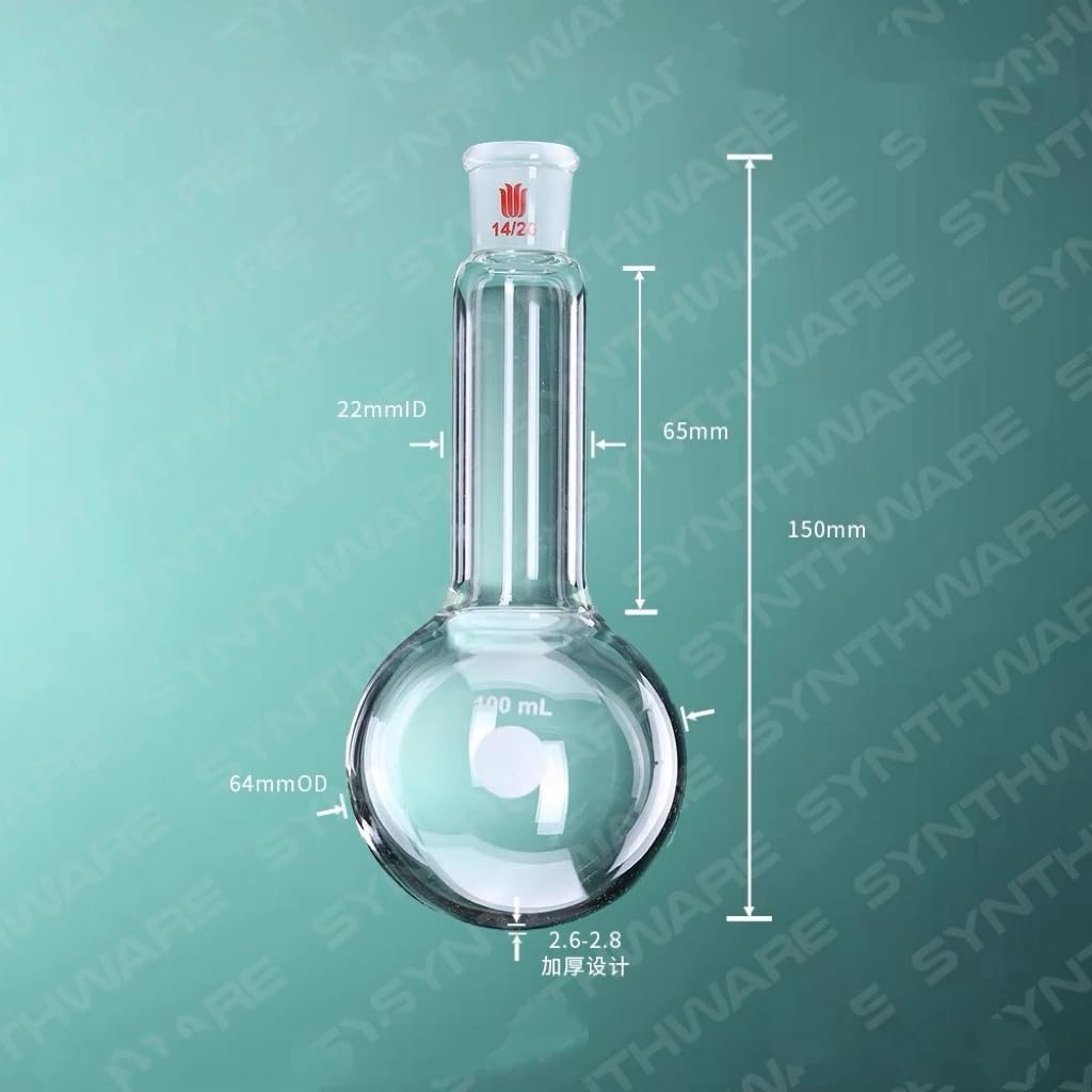 Flacon à col unique, 5/10/15/25/50/75/100/200/250/300/500 ml, 14/20, à fond rond, flacon de laboratoire, à parois épaisses, SYNTHWARE(100ml Joint 14-20)