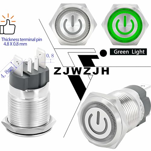 Image of UL Listed 15Amp 16mm Momentary Push Button Switch 110V-120V IP67 Waterproof; SPST 1NO, with LED Angel Eye Light; Stainless Steel 304 with Wire Socket Green
