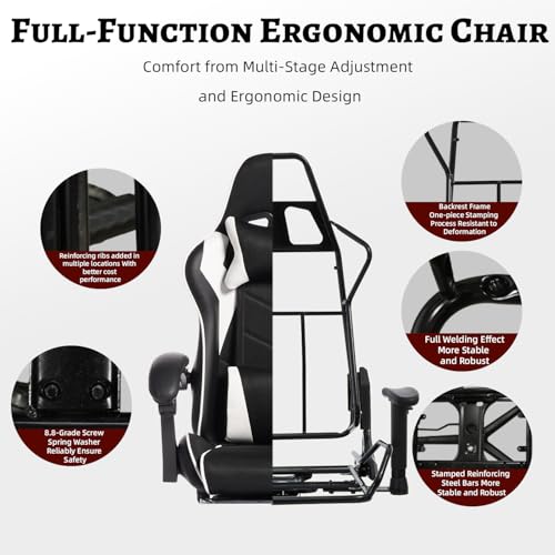 Image of Gaming Chair with Headrest and Lumbar Support, High Back Leather Computer Office Desk Chair with Footrest, 360 Swivel Height Adjustable Recliner Game Chair (Black White)