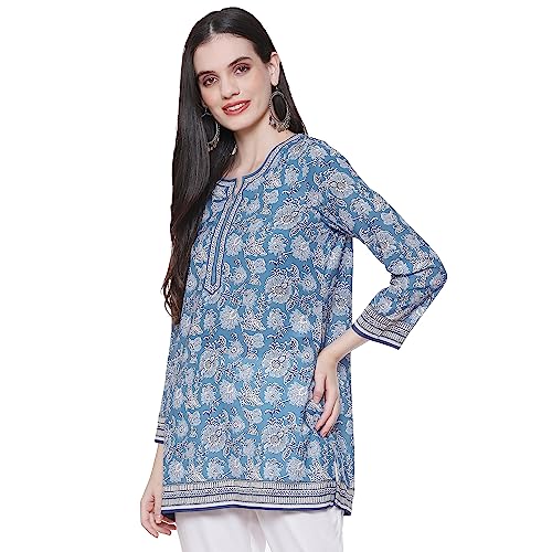 Image of BIBA Women's Polyester Straight Fit Straight Denim Printed Kurti