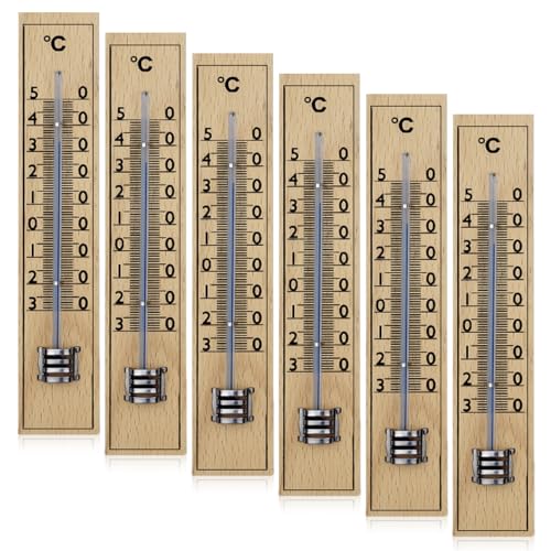 6 Stück Holz Außenthermometer Set, 220 X 47 X 7 Mm Holz Thermometer Quadratisch: Analoge Raumthermometer Garten, Classic Thermometer Für...