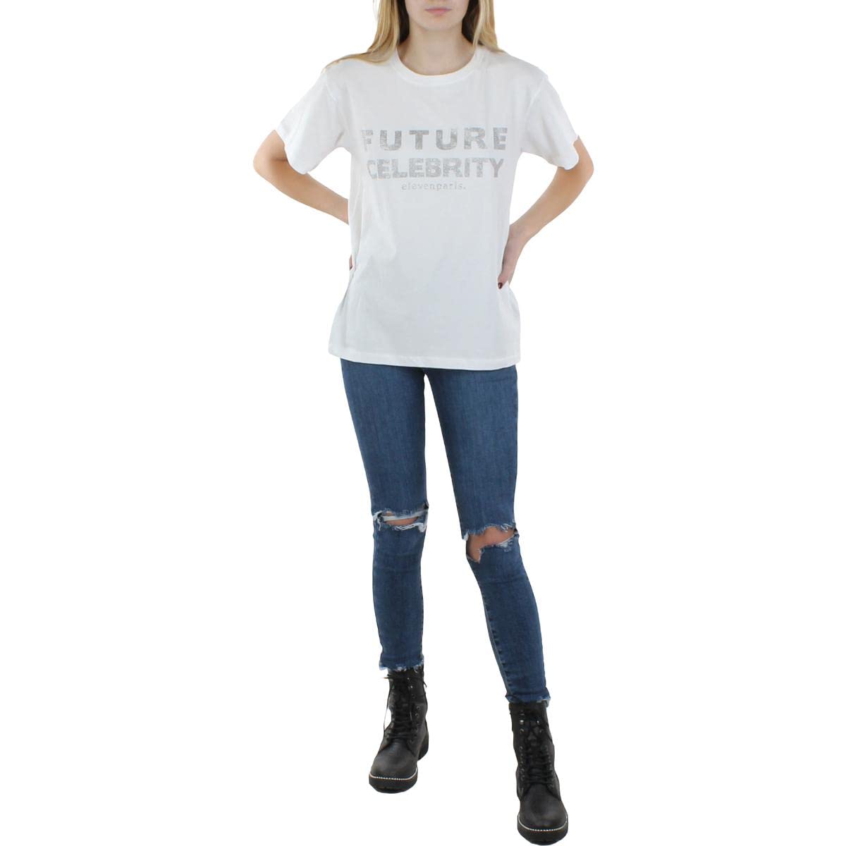 ElevenparisEleven Paris Womens Future Celebrity Glitter Crewneck Pullover Top