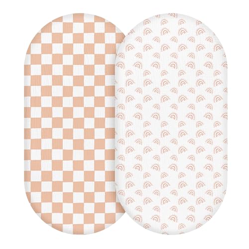Image of Muslin Bassinet Fitted Sheets 2 Pack, Soft Breathable Cotton Baby Bassinet Mattress Sheet Set, 360° Elastic Snug Fit, Universal for Oval, Rectangle & Hourglass Cradle, Baby Bedding (Lattice Rainbow)