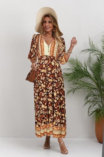 Image of Women Short Sleeve V Neck Floral Print Casual Bohemian Maxi Dresses