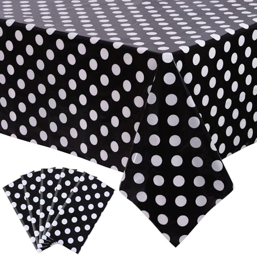 Image of Kesfey 5 Packs Black and White Dots Table Cloth 54x108 Inch Black Polka Dot Mini Mouse Plastic Table Cloth Disposable Black Waterproof Picnic Table Covers for Rectangle Tables Halloween Birthday Party