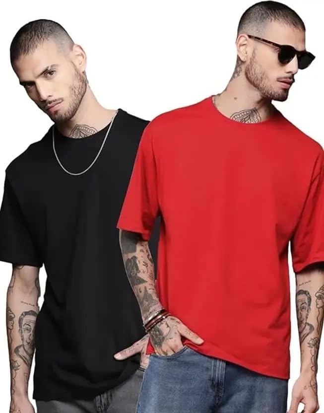 Image of RodZen Oversized Baggy Fit Half Sleeves Round Neck Solid Cotton Blend Combo T-Shirt for Men (Pack of 3)
