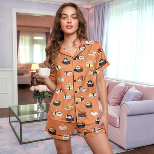 Image of HUNTFAMI Womens Soft Silky Satin Pajamas Set, 2 Pcs Sleep Short Pajamas for Mom and Grandma Button Down Summer Loungewear