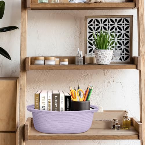 Image of Small Woven Gift Basket, Baskets for Gifts Empty, Cotton Rope Cat Dog Toy Bin Box, Nursery Baby Basket, Wicker Basket with Handles, Shelf Storage Basket for Home Decor, Purple, 12 inchx 8 inchx 5 inch