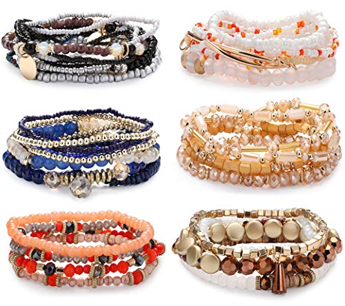Jstyle 6Sets Bohemian Beaded Stackable Bracelets for Women Multilayer Multicolor Stretch Bracelets Sets Gift for Besties Girlfriend