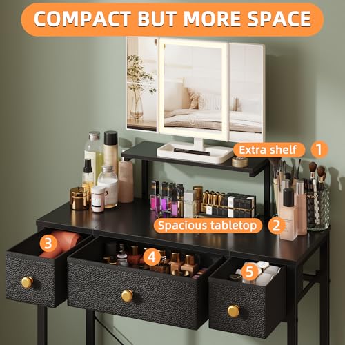 Image of HIGDBFE Small Makeup Vanity Desk 27.5''W with Mirror and Lights, 3 Drawers | USB Lighted Mirror, Height-Adjustable Stand, Fabric Drawers, Girls /Kids Gifts, Bedroom, Small Space, Dorm, Black