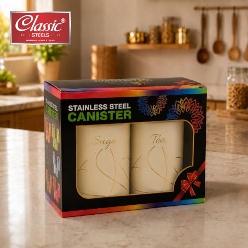 Image of Classic Steels Premium Long Tea & Sugar Canister Set (850ml) (Cream) | Airtight Kitchen Canisters Stainless Steel Storage Jars with Gold Lid & Label | Matte Finish Kitchen Storage Container Set