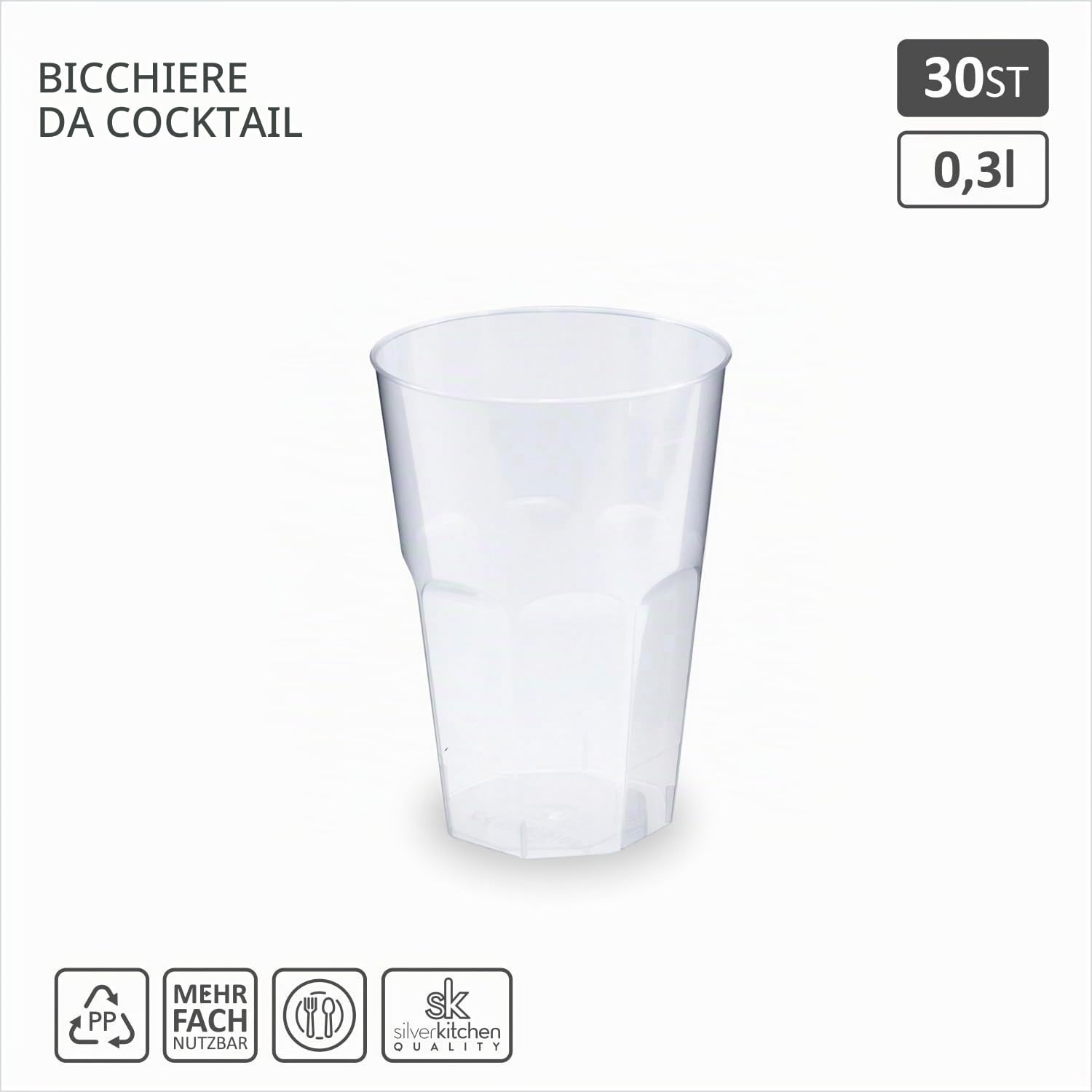 30 bicchieri da cocktail da 300 ml, infrangibili, riutilizzabili, per cocktail, long drink, trasparenti, in plastica PP, Made in Germany