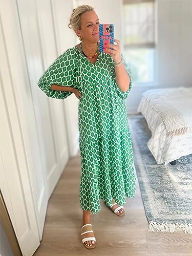 Image of miduo Womens Loose Fit Casual Summer V Neck Half Sleeve Bohemian Geometric Pattern Maxi Long Dresses