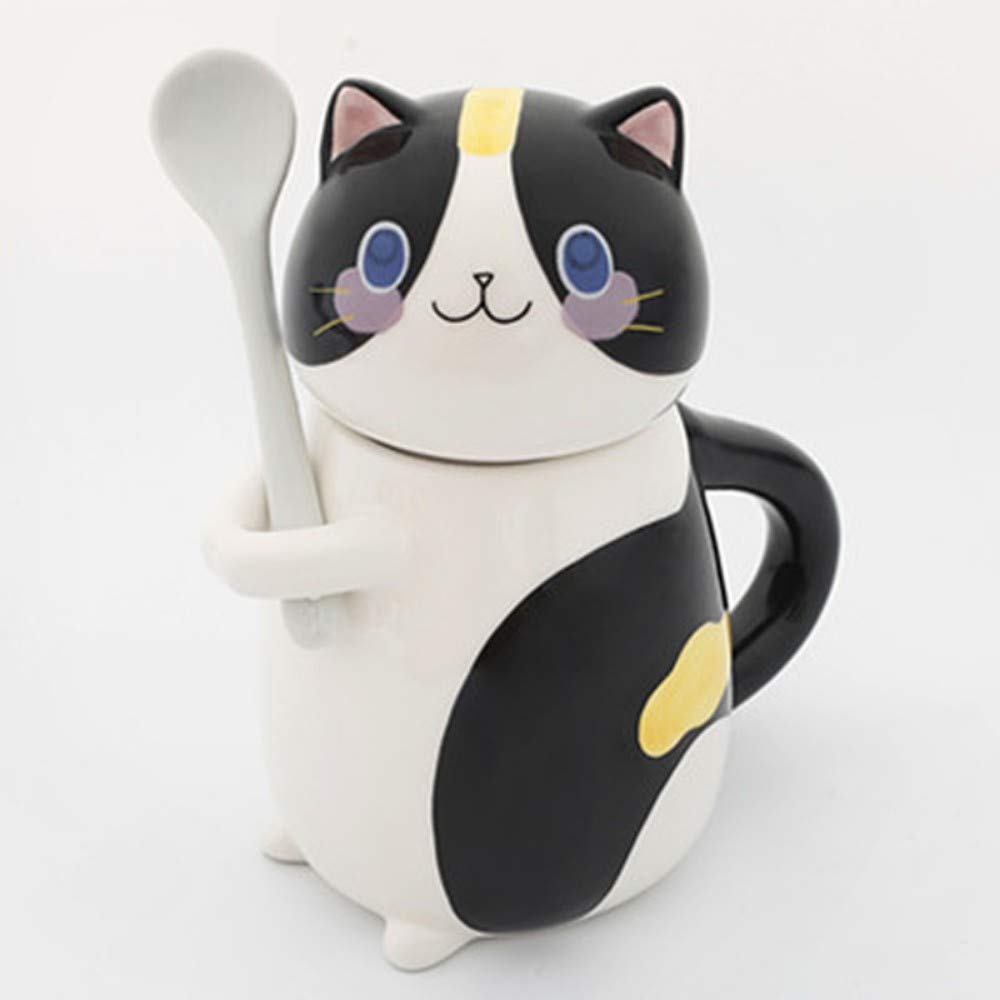 Ceramic Mug Cartoon Children Cup cat Shaped Drinking Cup with lid Spoon,F