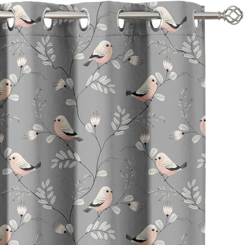 Vargottam Elegant Bird Pattern Curtains - Set of 2 Blackout Panels, 52 x 72 Inches - Noise Reducing & Energy-Efficient Room Darkening Window/Door Drapes for Modern Home Décor - Gray