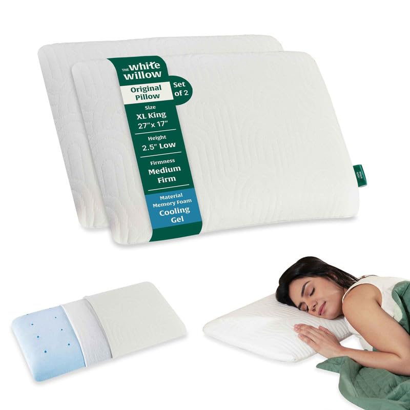 The White Willow Thin Pillow for Sleeping-Slim Memory Foam Pillow Set of 2-Cool Gel Slim Pillow for Neck & Shoulder Pain Relief-Flat Pillow-Orthopedic Cervical Neck Pillow-XL King Size-2.5" H-Cream