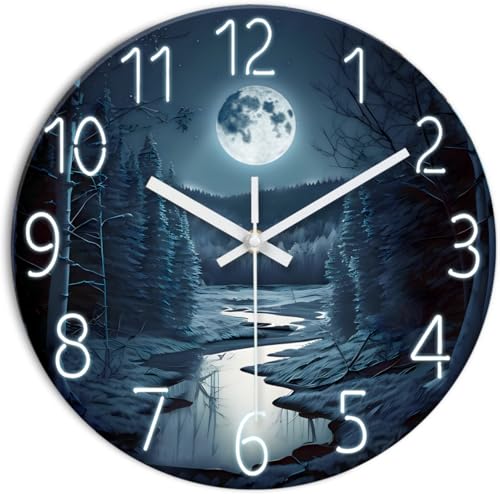 Image of XFM Moon Glass Wall Clock 12 Inch Dark Blue | Silent Non Ticking Battery Operated Round Analog Modern Nature Decorative for Living Room Kitchen Bedroom Decor