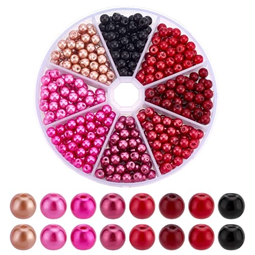 HOBBIESAY 296 cuentas redondas rojas de perlas de cristal a granel, pequeñas perlas espaciadoras de perlas de imitación, cuentas sueltas de 8 colores para mujeres, collares y collares, agujero de 1 mm