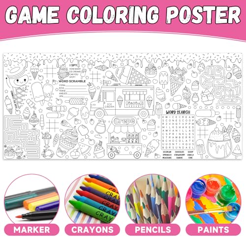 Image of Naozinebi Ice Cream Giant Coloring Poster for Kids Summer Large Coloring Tablecloth Big Paper Sheets Page Sweet Theme Table Cloth DIY Activity Game Art Crafts Mat Wall Home Party Decoration Supplies
