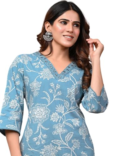 Image of Rimeline Women's Cotton Printed Kurta with Embellished V-Neck Design | Straight Fit Ethnic Wear for Office, Casual & Daily Use