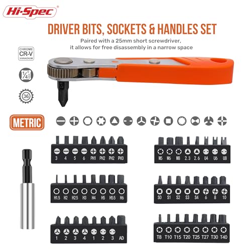 Image of Hi-Spec 68pc Long Extended Screw Driver Bits and Mini Ratchet Wrench Handle Set. DIY Accessories Kit of 25 and 75mm Hex Shank Screwdriving Bits for Drill Drivers