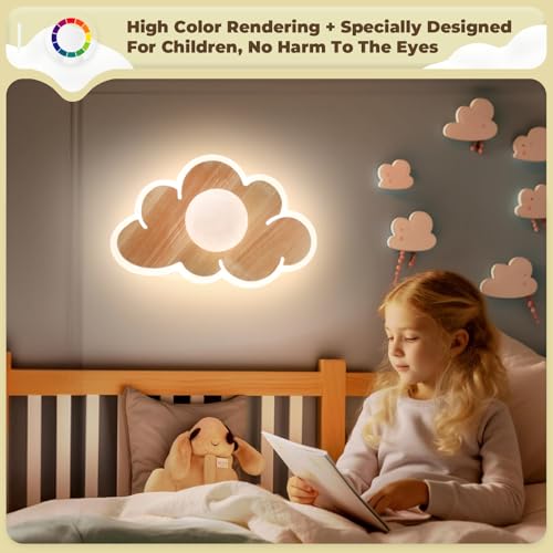 Kuwork LED Deckenleuchte Schlafzimmer Kinderzimmerlampe, 4000K Wolken Deckenlampe LED mit Holz und Sphärisches Design, Kinderzimmer Lampe Decke für Flur Küchen Badezimmer Gang, 26CM 16W