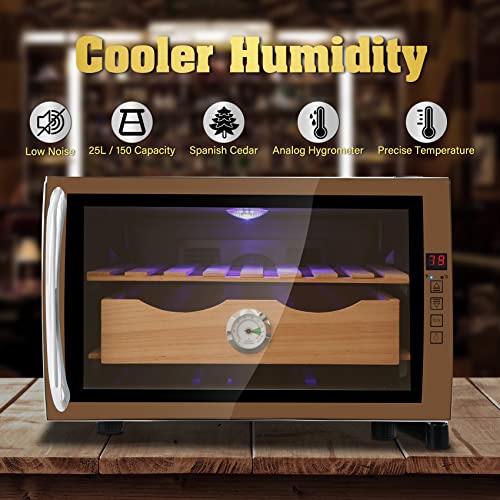 TCFUNDY 25L Cooling Humidity Control, 150 Capacity Electronic Temperature Control Cabinet, 2-Layer Spanish Cedar Wood Shelves & Drawer with Hygrometer