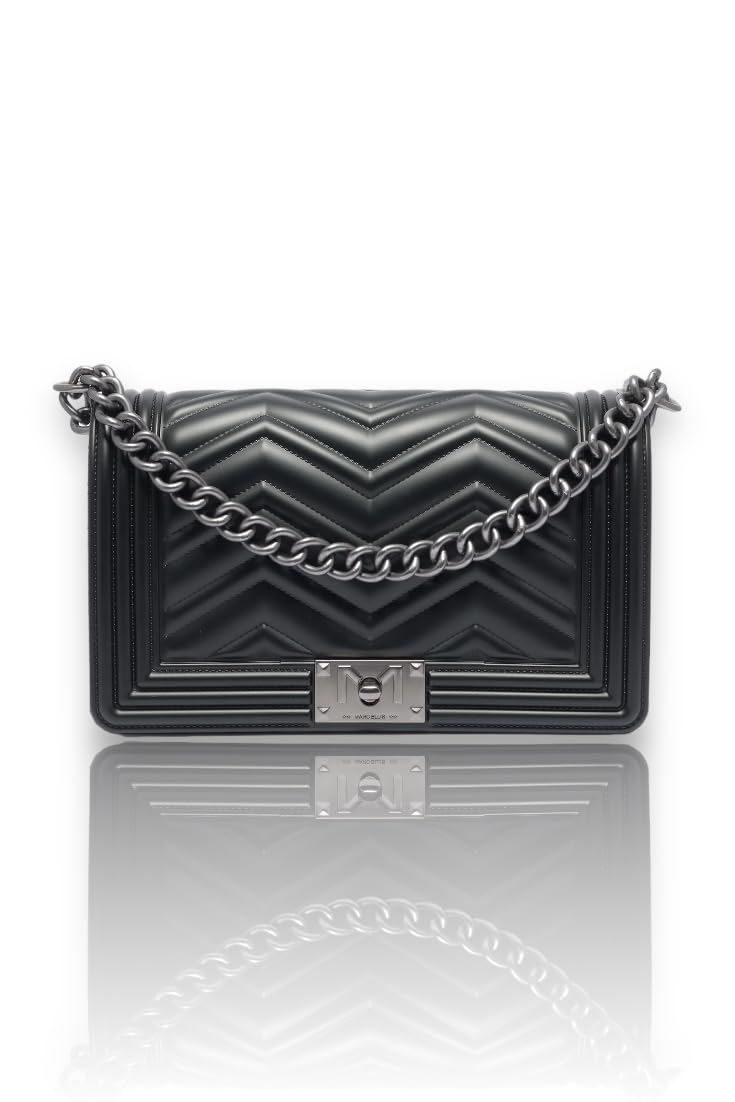 MARC ELLIS Designer shoulder bag, Flat Manhattan M has a swivel hook closure. The interior consists of a single compartment that is simple but roomy enough for a long and relaxing, Black / Satin Cdf,