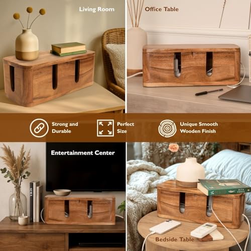 Image of Cable Management Box & Cord Organizer- Cable Organizer for Desk, Home, Office. Hides Wires, Surge Protectors, Power Strips. Eco Friendly Mango Wood Cord Management Solution (Natural Acacia)