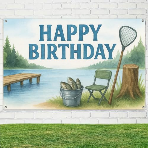 Image of HOMETITUTE Fishing Happy Birthday Banner 71x43 Inch Outdoor Theme