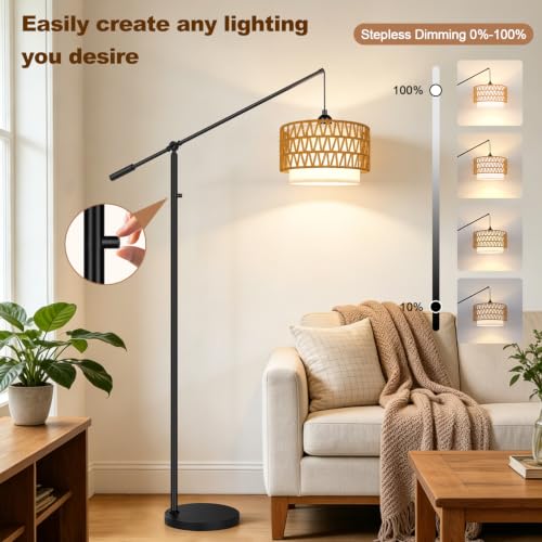 Image of 【Upgraded】Boho Dimmable Floor Lamps with Adjustable Swing Arm, 1100 Lumens Bulb Included, Modern Standing Lamp with Rattan & Fabric Shades, Rattan Tall Arc Floor Lamp for Living Room Bedroom, Black