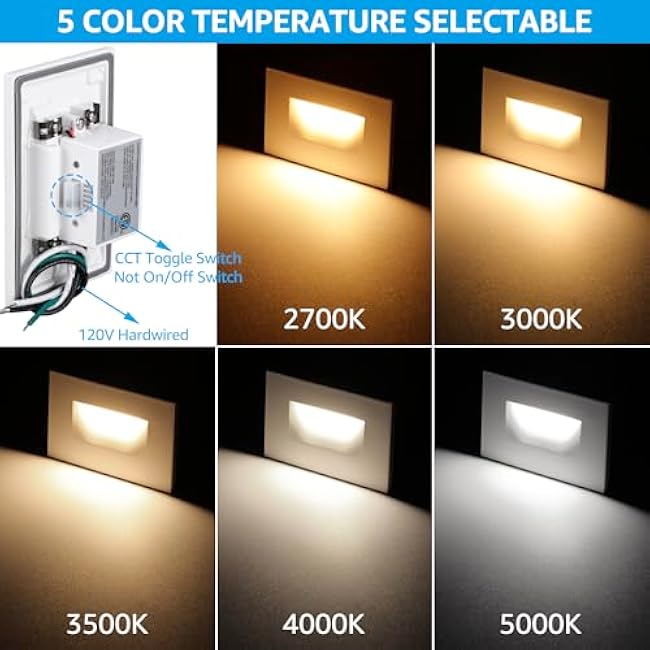 LEONLITE White 5CCT 120V LED Step Lights, 3.5W 150LM 5%-100% Dimmable Horizontal Stair Lights Indoor Outdoor Wet Location, CRI90+ & ETL, 2700K/3000K/3500K/4000K/5000K, Aluminum, Pack of 3
