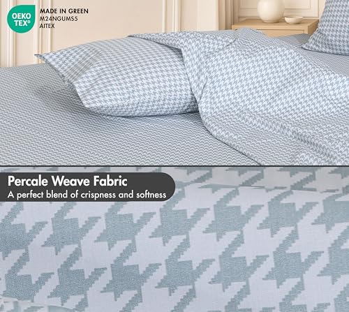 Image of RUVANTI 100% Cotton Percale Sheets Full Size, Houndstooth | Crisp Cooling, Deep Pocket 16 inch, Soft Breathable & Durable, Hotel-Style 4 Piece Set, For Hot Sleepers