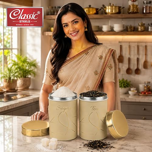 Image of Classic Steels Premium Long Tea & Sugar Canister Set (850ml) (Cream) | Airtight Kitchen Canisters Stainless Steel Storage Jars with Gold Lid & Label | Matte Finish Kitchen Storage Container Set